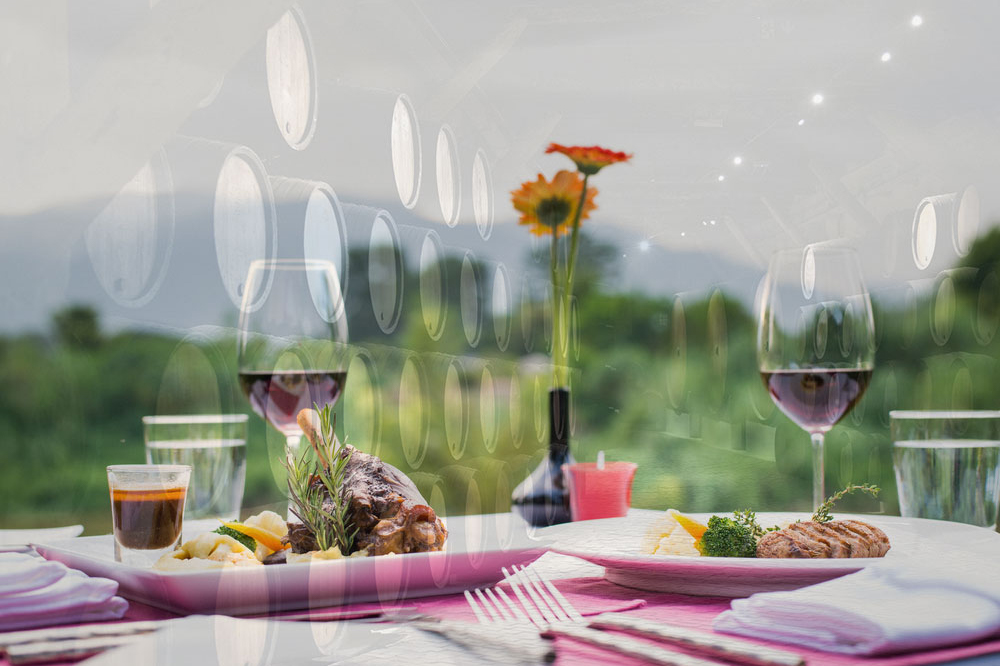 Comida en bodega con paisaje de viñedos de fondo