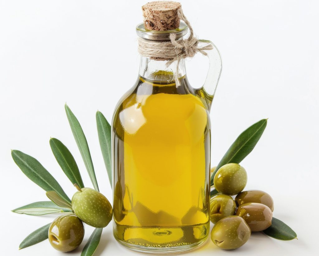 Botella de aceite de oliva virgen extra con aceitunas